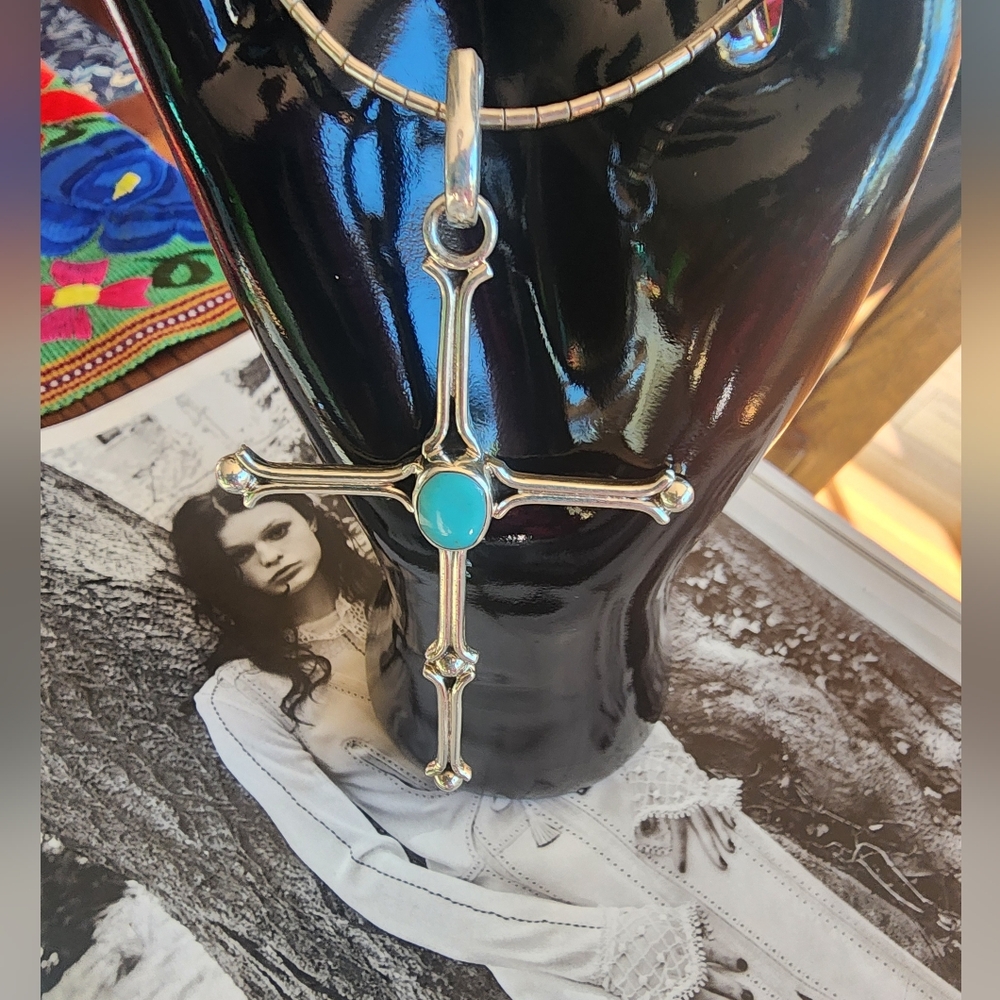 Taxco Silver Cross Necklace with Turquoise Center Stone - Picture 2 of 13